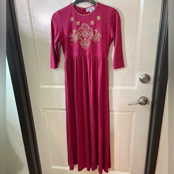 J.P Kids (14) Gold Embroidered Threading and Magenta Cotton Maxi DRESS - Picture 5 of 10